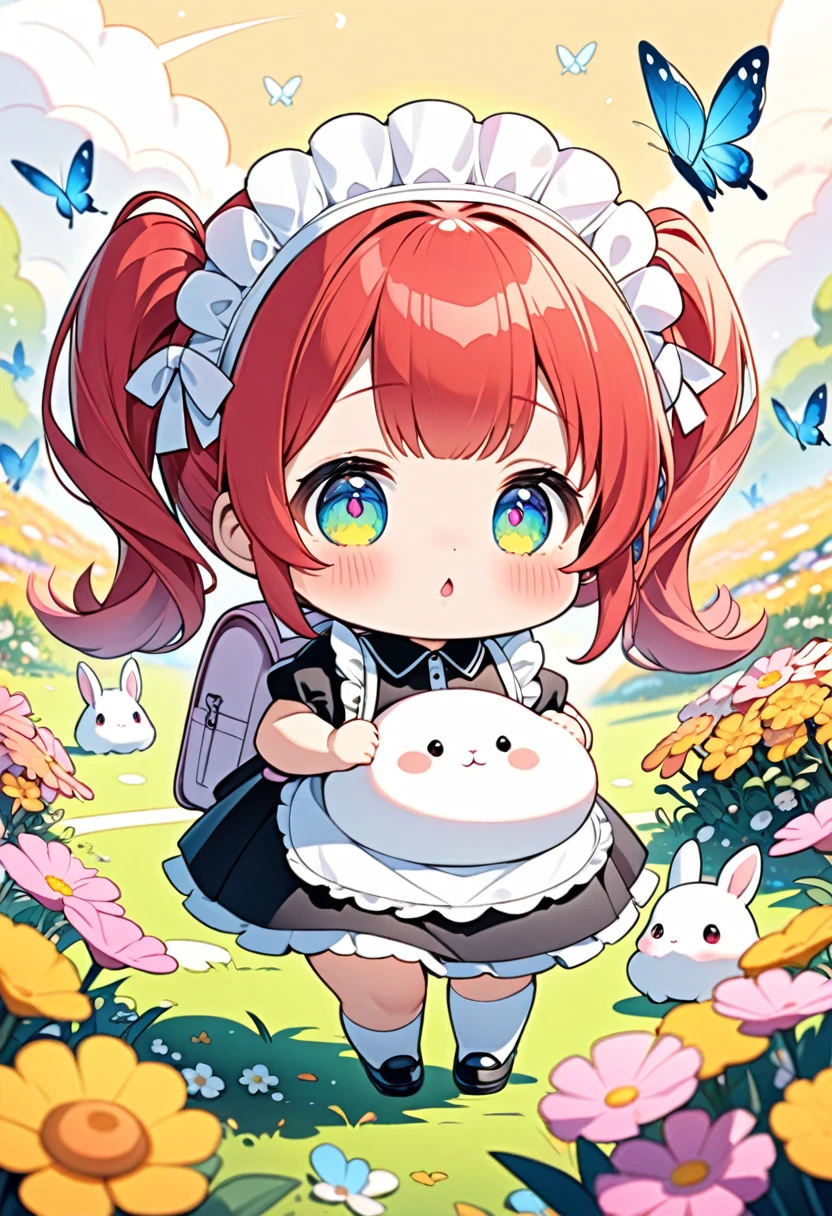 (pastel color illustrations:1.5),Super Chibi Style Girl is going on an excursion with a rabbit wearing a backpack.The girl has red hair in twin tails.She is wearing a maid's headdress and a gorgeous maid outfit with very cute frills.She is carrying a cute light pink backpack.The rabbit is plump and has fluffy white fur.The girl is lost and searching for the way,The rabbit is walking with the girl,(The rabbit looks at the girl anxiously:1.2).Cute flower field background with butterflies flying gently、(Pastel color effect:1.3),High quality, masterpiece, best quality, 4, 8k, ultra detail,Vivid Color、Professionally drawn illustrations,