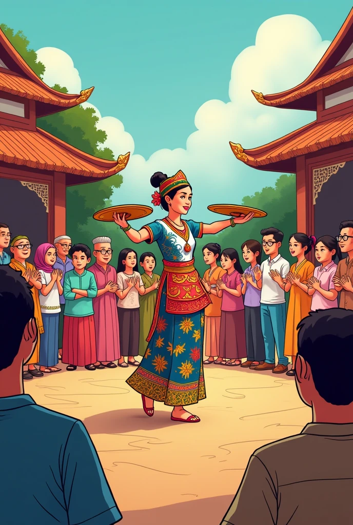 Cartoon of people watching a dancer performing a traditional Padang dance, plate dance