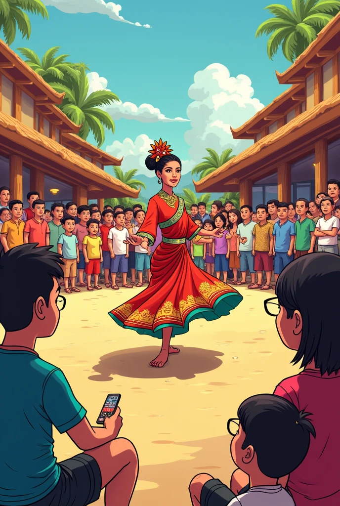 Cartoon of people watching a dancer performing a traditional Padang dance, plate dance
