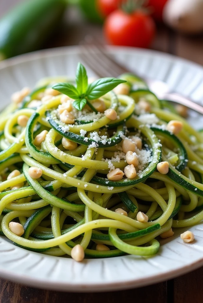 Create an image of this recipe: Zucchini Pasta with Pesto Sauce Ingredients:

- Zucchini: 2 units (ca.. 200 g)
- Fresh basil: 20 g - Pine nuts: 20 g - Grated Parmesan cheese: 30 g - Garlic: 10 g - Olive oil: 30 ml
- Sal: 5 g - Pepper: 2 g Preparation:

1. Wash and cut the zucchini into thin strips using a spiralizer to make "spaghetti" of zucchini.

2. In a food processor, mix basil, pinions, Parmesan cheese, SHE, shall, pimienta y aceite de oliva hasta obtener una shallsa de pesto suave.

3. Saltea las tiras of zucchini en una sartén con un poco de aceite de oliva durante 3-4 minutos, until they are tender.

4. Mix the pesto with the zucchini and cook over low heat for 2 minutes..

5. Serve hot, decorado con más Parmesan cheese si lo deseas.


