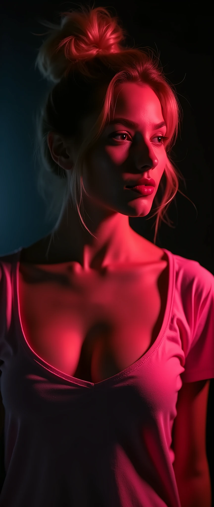 analog photo, silhouette, spotlight, portrait, a beautiful sexy young woman, highly detailed face, blonde, messy bun, big breast, seducing facial expression, wearing pink t-shirt, dark background, fair colors, RAW candid cinema,300mm, color graded portra 400 film, remarkable color, ultra realistic, fair skin, ready to do sex, showing us vagina, pink wet vagina, closup vagina,