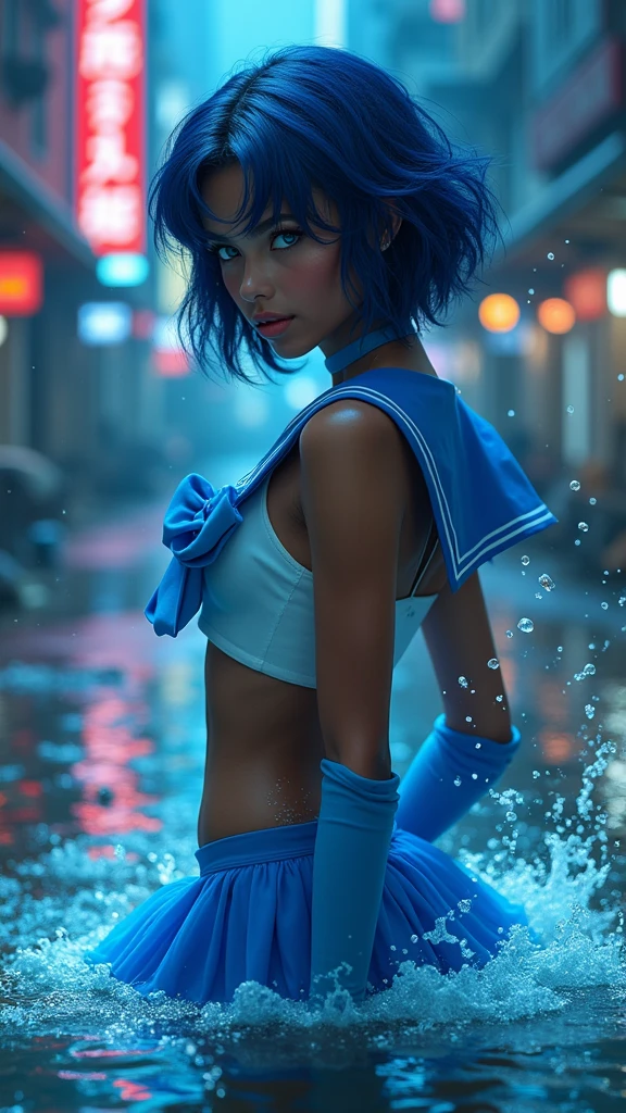 Sailor Mercury with blue hair and , (dark ebony skin:1.4),(background city destroyed apocalypse Tokyo night :1.4), Artgerm JSC, portrait knights of zodiac girl, extremely detailed Artgerm, Ross Tran 8 K, in the style of ross tran, Artgerm Julie Bell Beeple, by Ross Tran, ross tran style, alena aenami and artgerm, inspired by Ross Tran, high quality, (raw photo, best quality), (realistic, Photorealistic: 1.4), (extremely delicate and Beautiful: 1.4), Amazing, fine details, masterpiece, Ultra detailed, high resolution, best illustration, best shadow, intricate, ( extremely intricate: 1.2), (exquisitely detailed skin), cinematic light, Perfect anatomy, (cool color: 1.4), Sharp focus, 8K UHD, DSLR, (Fujifilm XT3),(dark ebony skin:1.4),( cinematic lighting :1.4), ,(Tokyo cyberpunk ruined dungeon ruins background :1.4 ),( pose americano :1.4), (Sailor Mercury :1.4), (a uniform with a blue skirt and light blue bows:1.4) .(85mm f/1.4), (different face extensions :1.4), (beautiful woman beauty a goddess of nature :1.4), epic fantasy art style hd, 4K fantasy art, epic fantasy digital art style, epic fantasy art style, Fantasy Woman, epic fantasy art portrait, Epic fantasy style, hyperrealistic fantasy art, hd fantasy art, epic fantasy character art, epic fantasy art, in style of dark fantasy art, epic fantasy digital art, (Sailor moon Mercury:1.4), (Sailor Mercury V2.1), (half body pose:1.4 ), - floating particles, magic water:1.4),( floating water:1.4) ,(surrounded by swirling water:1.4), (skirt lifted by itself: 1.1), (skirt lift: 1.3), (showing white panties: 1.3), (mostrando panties upskirt :1.4), (nsfw:1.4 ),(nsfw V2.1)