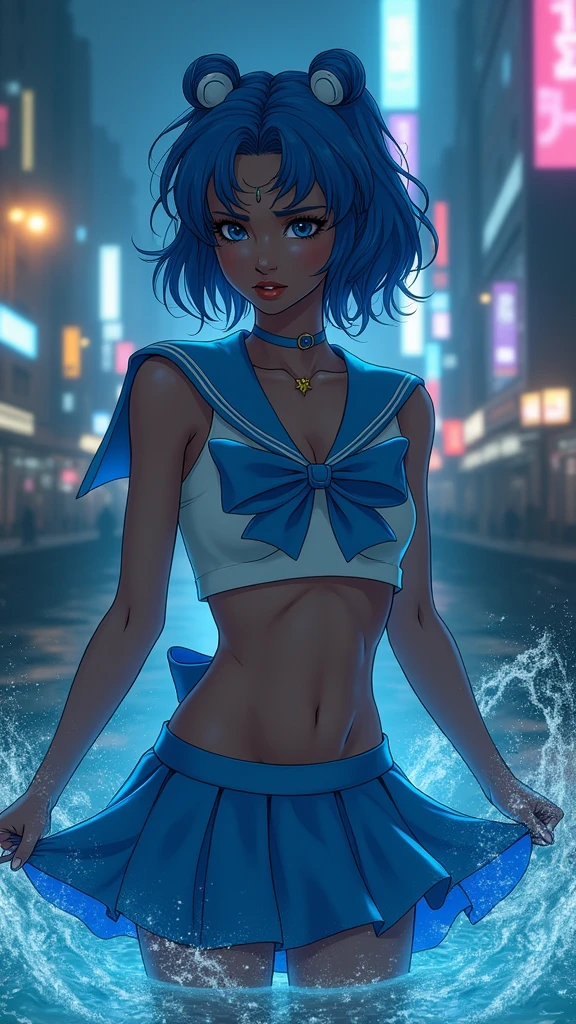 Sailor Mercury  with blue hair and , (dark ebony skin:1.4),(background city destroyed apocalypse Tokyo night :1.4), Artgerm JSC, portrait knights of zodiac girl, extremely detailed Artgerm, Ross Tran 8 K, in the style of ross tran, Artgerm Julie Bell Beeple, by Ross Tran, ross tran style, alena aenami and artgerm, inspired by Ross Tran, high quality, (raw photo, best quality), (realistic, Photorealistic: 1.4), (extremely delicate and Beautiful: 1.4), Amazing, fine details, masterpiece, Ultra detailed, high resolution, best illustration, best shadow, intricate, ( extremely intricate: 1.2), (exquisitely detailed skin), cinematic light, Perfect anatomy, (cool color: 1.4), Sharp focus, 8K UHD, DSLR, (Fujifilm XT3),(dark ebony skin:1.4),( cinematic lighting :1.4), ,(Tokyo cyberpunk ruined dungeon ruins background :1.4 ),( pose americano :1.4), (Sailor Mercury :1.4), (a uniform with a blue skirt and light blue bows:1.4) .(85mm f/1.4), (different face extensions :1.4), (beautiful woman beauty a goddess of nature :1.4), epic fantasy art style hd, 4K fantasy art, epic fantasy digital art style, epic fantasy art style, Fantasy Woman, epic fantasy art portrait, Epic fantasy style, hyperrealistic fantasy art, hd fantasy art, epic fantasy character art, epic fantasy art, in style of dark fantasy art, epic fantasy digital art, (Sailor moon Mercury:1.4), (Sailor Mercury V2.1), (half body pose:1.4 ), - floating particles, magic water:1.4),( floating water:1.4) ,(surrounded by swirling water:1.4), (skirt lifted by itself: 1.1), (skirt lift: 1.3), (showing white panties: 1.3), (mostrando panties upskirt :1.4), (nsfw:1.4 ),(nsfw V2.1)