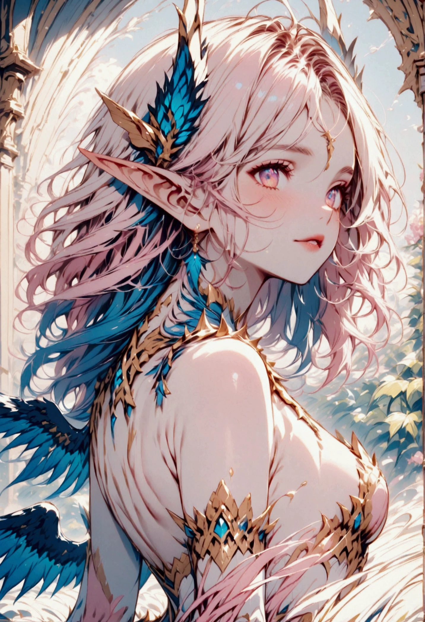 A female creature with tail nails like claws pink in color hair like feathers and wings like mist ears like elves teeth like a predator and naked