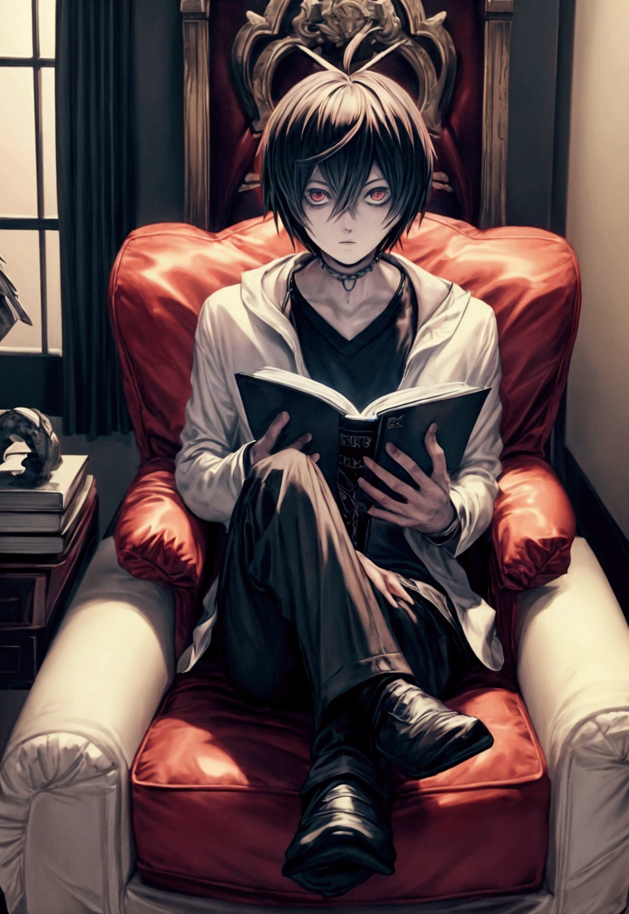 L for death note also known as lawliet, reading a book and thinking, sitting cross-legged on a gaming chair, it's in a room, Make the picture look awesome for me.