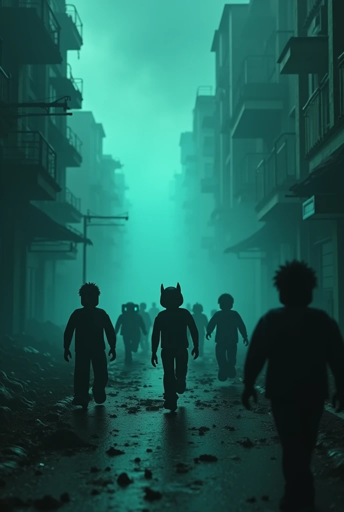 An army of demons and monsters running after a teenage black ??? with curly hair in the city