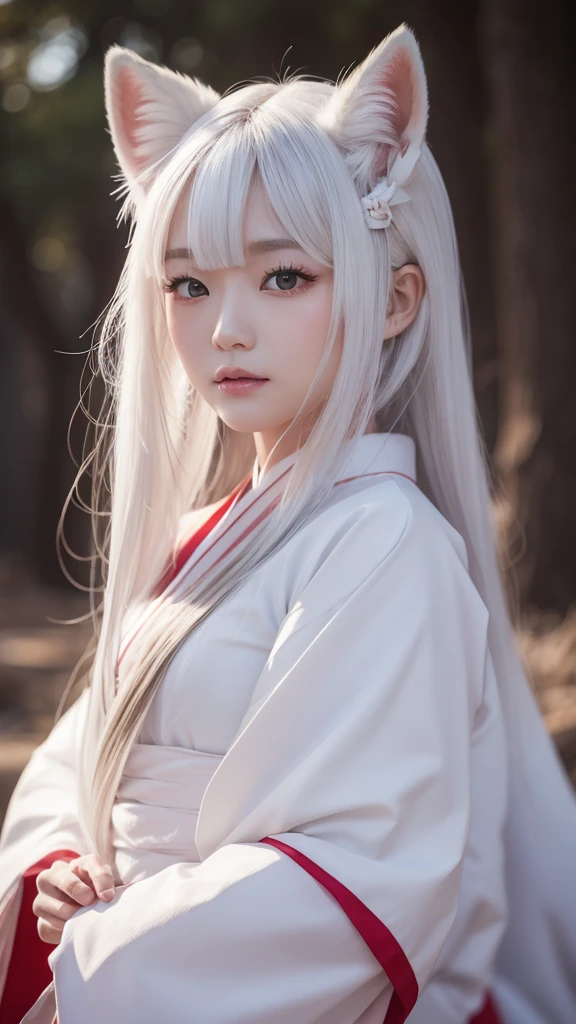 White Demon Fox、Nine-tailed Fox、Japanese women、kimono、Fair skin、Red lines on face、8K、I have long hair