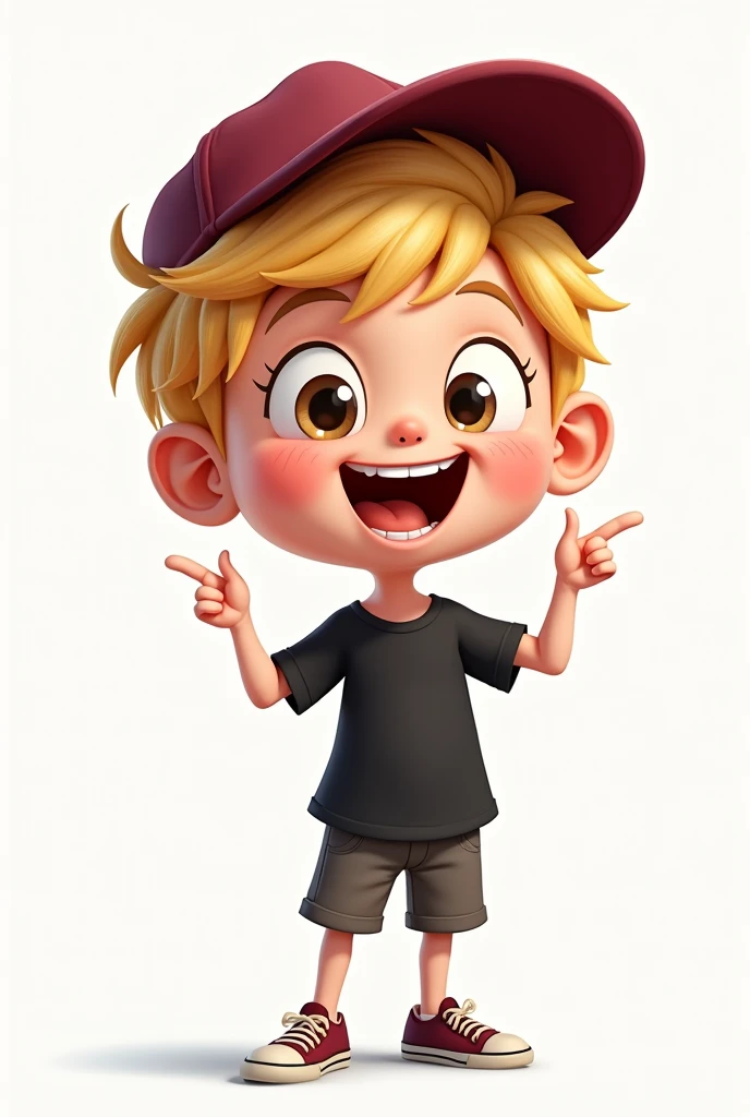 An 1 blond boy, short hair, very happy man who wears shorts and a black shirt and a wine cap. make it more cartoony