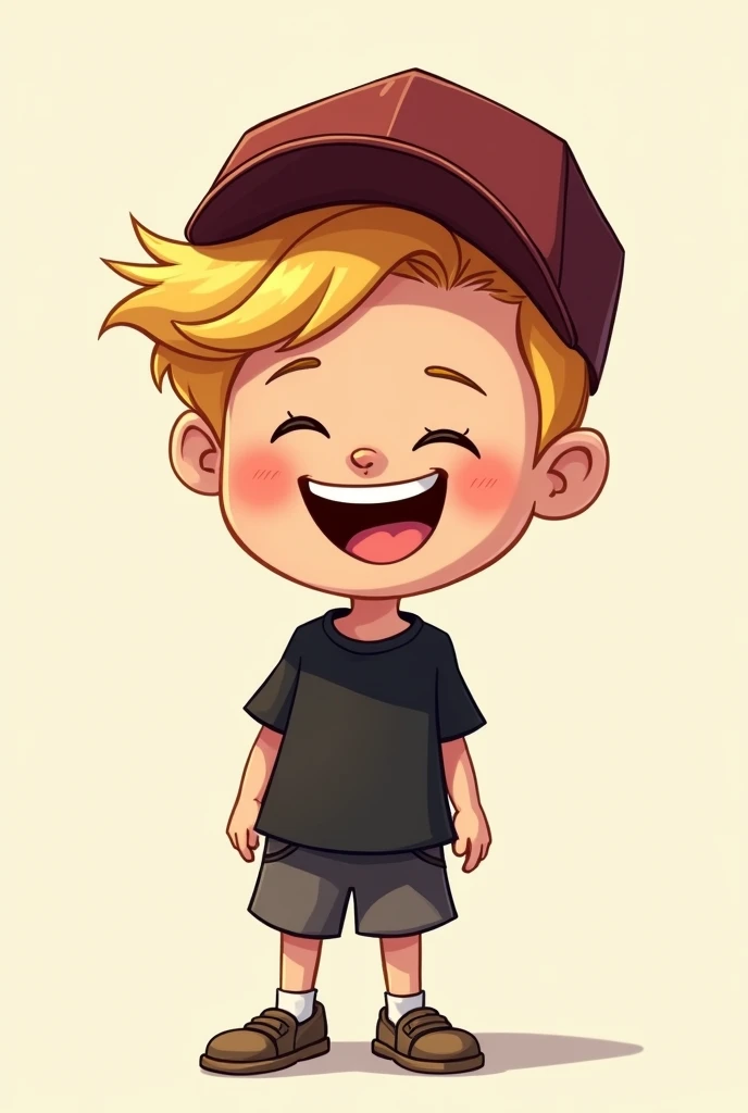 An 1 blond boy, short hair, very happy man who wears shorts and a black shirt and a wine cap. make it more cartoony