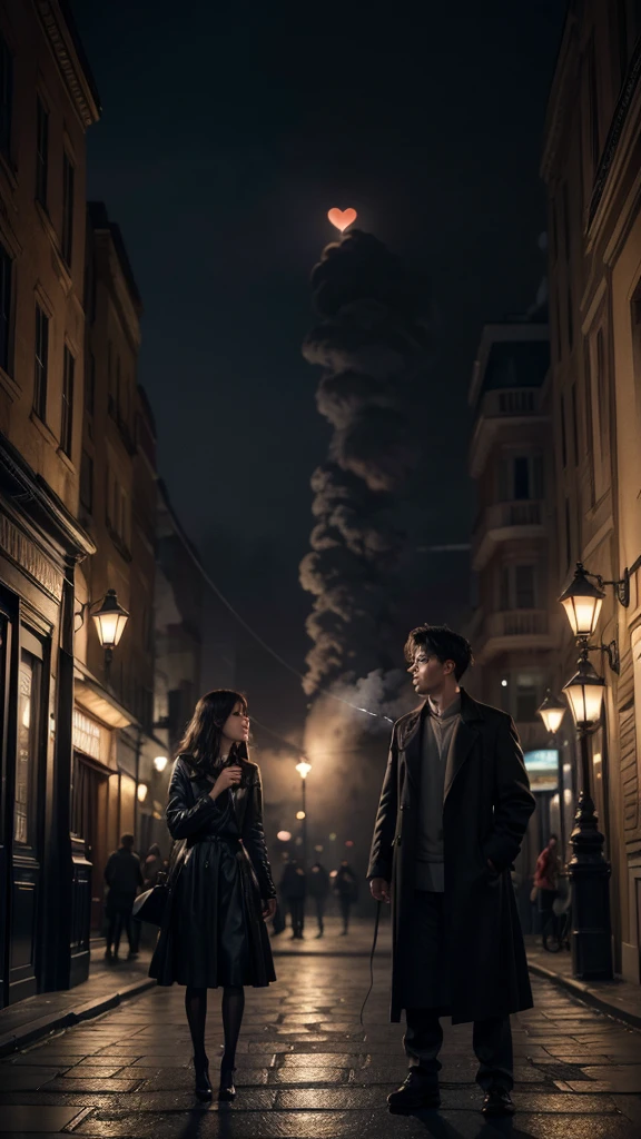 Create a book cover.
The ideal cover could mix several symbolic elements that reflect the themes of the story.:
**bottom:**
A stylized cityscape of London, with its streets lit by dim lanterns. The city would appear blurred in dark and foggy tones, giving an air of mystery.
**foreground:**
A lit cigarette, with smoke curling in the air, forming the silhouette of a heart. Smoke may be partially cleared, representing the fragility of relationships and the danger the characters face.
**Details:**
Inside the heart of smoke, There could be a silhouette of two figures facing each other or slightly distanced (representing Oliver and Diane), but connected by a thin thread of light, as if they were bound by fate.
**Theatrical element:**
In the corner of the cover, as if part of the smoke or emerging from the shadows, a theatrical mask would appear (half tragedy, half comedy), alluding to the play that is a fundamental part of the story.
**colors:**
The color palette would be predominantly dark, with shades of black, grey and deep blue, but with touches of red or gold in the most significant elements, like the cigarette and the heart, to highlight romance and emotional intensity.
This would combine the urban environment, the romance and theatricality of the story in a symbolic and evocative way.