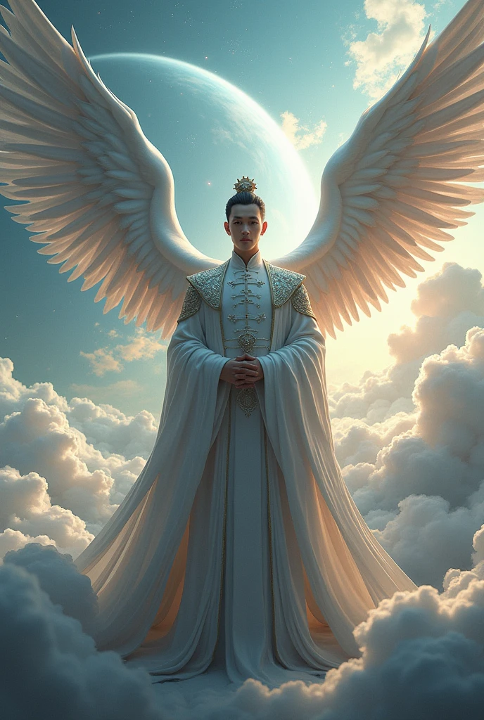 (photorealism:1.2), amazing chinese Prince , and sky of saturn have clouds of the diamond and big angels flyer on the deep