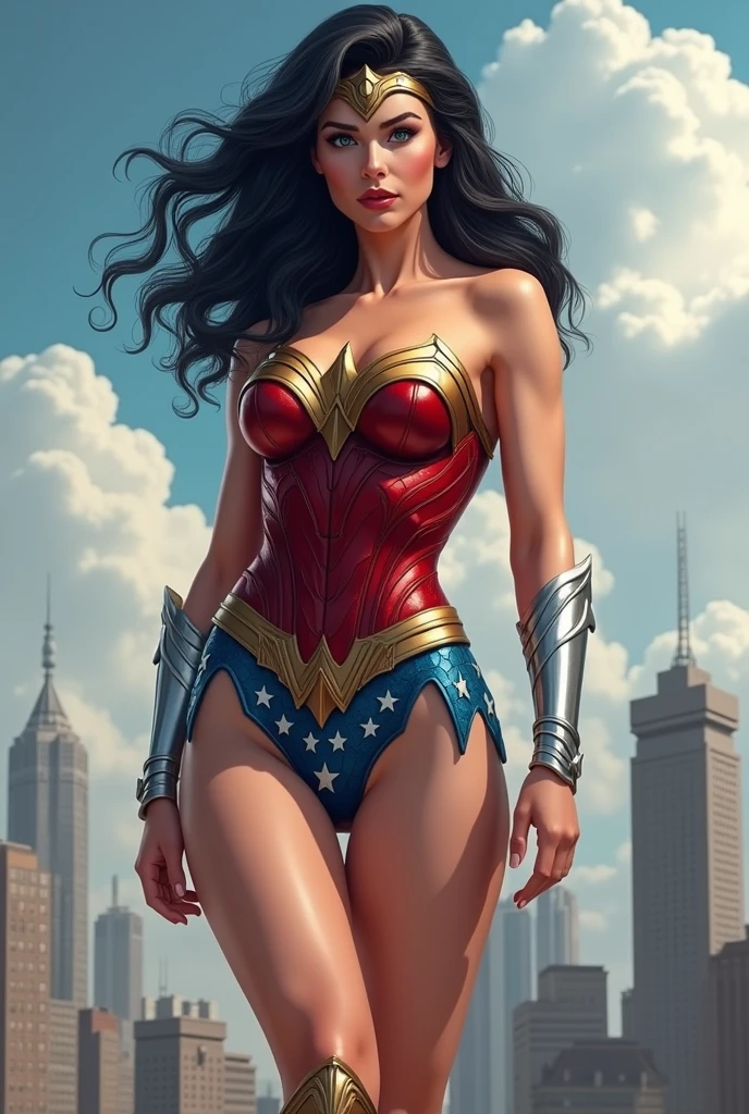fanart, full body shot, Wonder Woman, (Intricate Details, Makeup), (Delicate and Beautiful Delicate Face, Delicate and Beautiful Delicate Eyes, Face with Perfect Proportions), (Realistically shiny Skin:0.8), Delicate Skin, Strong and Realistic Blue Eyes, Realistic Black Hair, Lips, Makeup, Natural Skin Texture, tiara, red and gold bustier, blue leotard with white stars, ((silver gauntlet:1.2)), ((Red knee high boots:1.2)) golden belt, (Wonder Woman clothing:1.1), bare shoulders, mature, sexy, elastic muscles, (muscles:1.2), ((strong and healthy body)), long legs, curves, (big breasts:1.3), thin waist, soft waist, (delicate skin), (beautiful and sexy woman), (swollen lips:0.9),(swollen lips:0.9), (eyelashes:1.2), (long wavy black hair:1.1), feminine, detailed body, (detailed face:1.1), perfect body, perfect anatomy, perfect details, perfect fingers, Perfect limbs, thigh gap, mature, sexy, thick thighs, wide buttocks, (Sexually sedentary), background render,floating in the air, city background