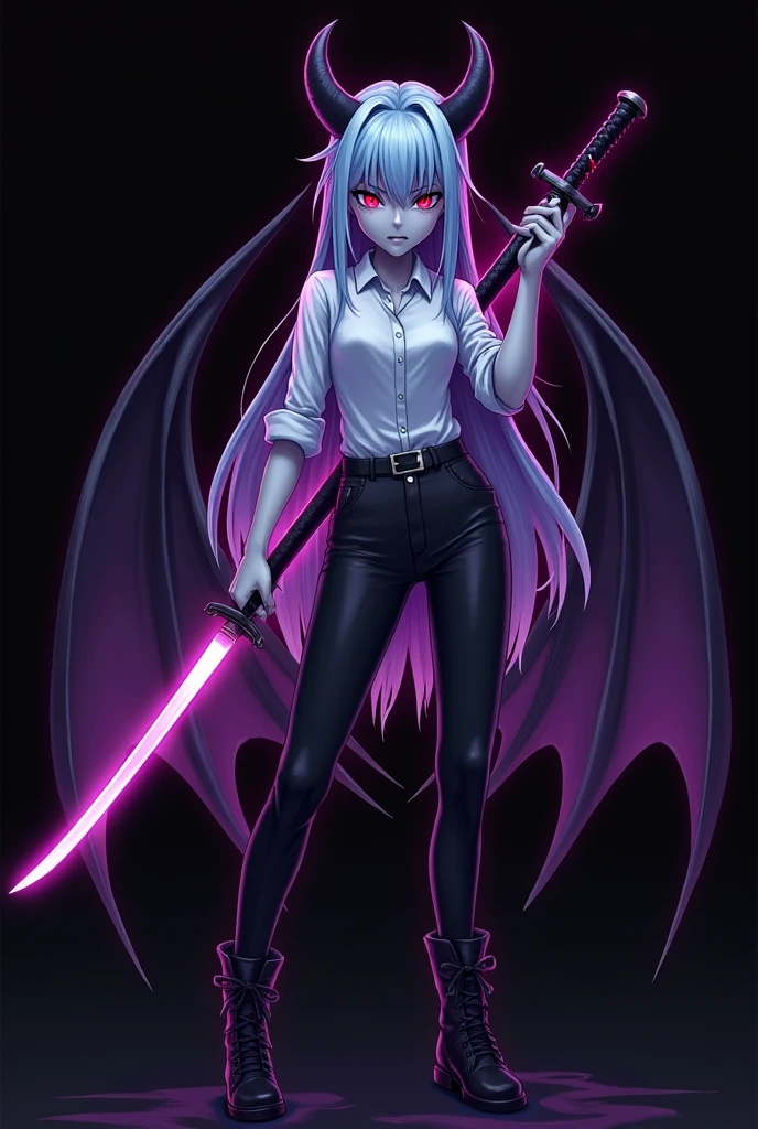 More mature anime style image. An image with a black background and some purple details. a teenage girl, with long light blue hair and red eyes that gave off a kind of frightening glow, wore a white dress shirt rolled up to her elbows, a black pants and a black boot. Small black horns came out of her hair, his skin was gray in a serious expression, his face no longer looked so human, I now remembered exactly what it was: A demon. He used a katana that emanated a dark purple glow around the blade and over himself., all over your body. There was a strange glow behind him that gave the shape of purple wings..