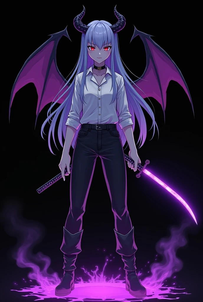 More mature anime style image. An image with a black background and some purple details. a teenage girl, with long light blue hair and red eyes that gave off a kind of frightening glow, wore a white dress shirt rolled up to her elbows, a black pants and a black boot. Small black horns came out of her hair, his skin was gray in a serious expression, his face no longer looked so human, I now remembered exactly what it was: A demon. He used a katana that emanated a dark purple glow around the blade and over himself., all over your body. There was a strange glow behind him that gave the shape of purple wings..