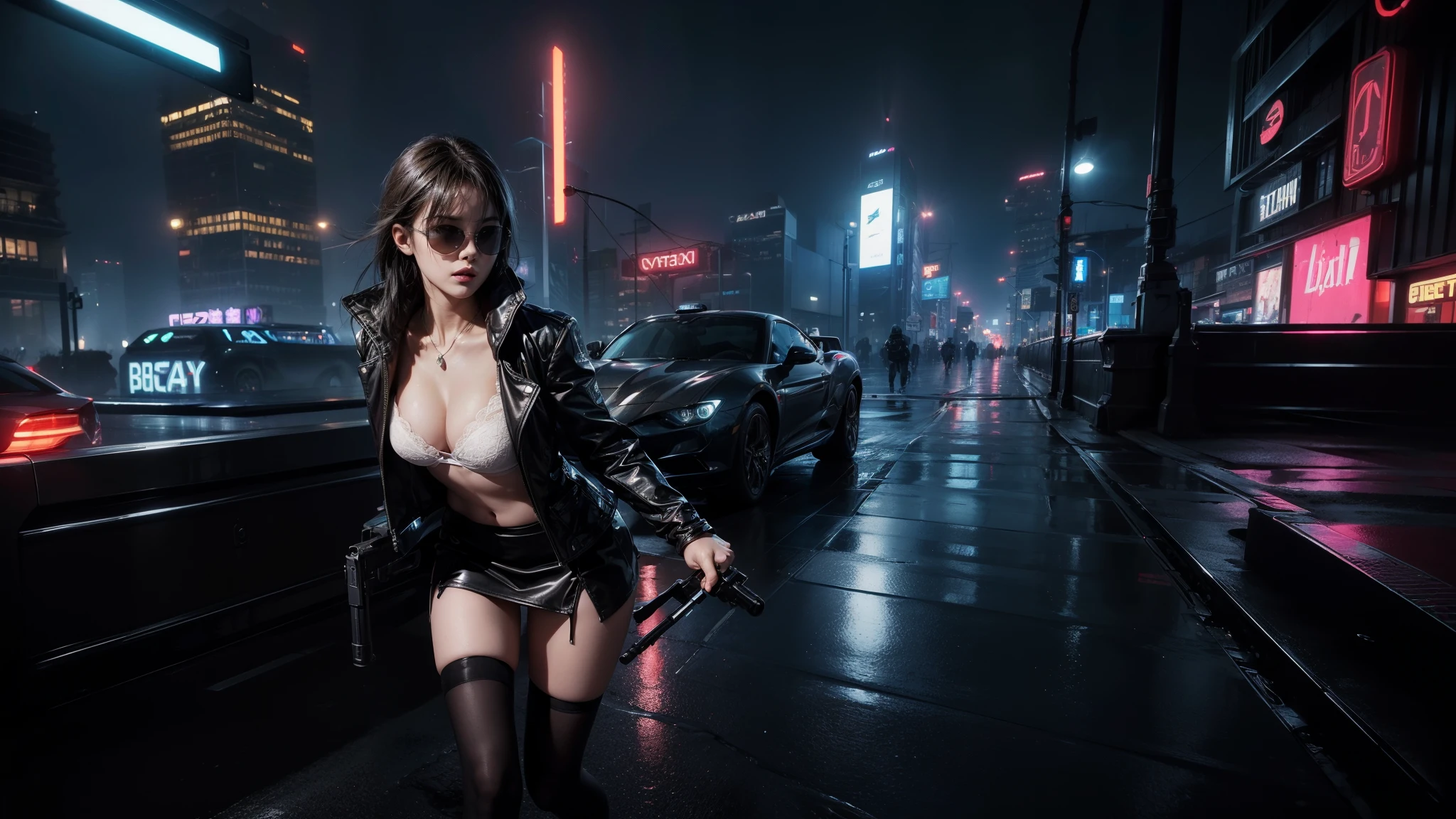 Blade Runner style futuristic city, neon buildings, cars, lightning, 3d rendering Beeple. At night, (1girl, solo, alone), photorealistic, medium-breast slim:0.6 body, oval:0.5 face, cleavage:1.1, sexy black laced bra, deep-V, (low angle view of miniskirt), white laced panty, coat, (Matrix style black micro sunglasses), ((holding a short gun)), (slightly leaning forward running pose), (half-body thigh level close-up shot), cinematic lighting, ray tracing.