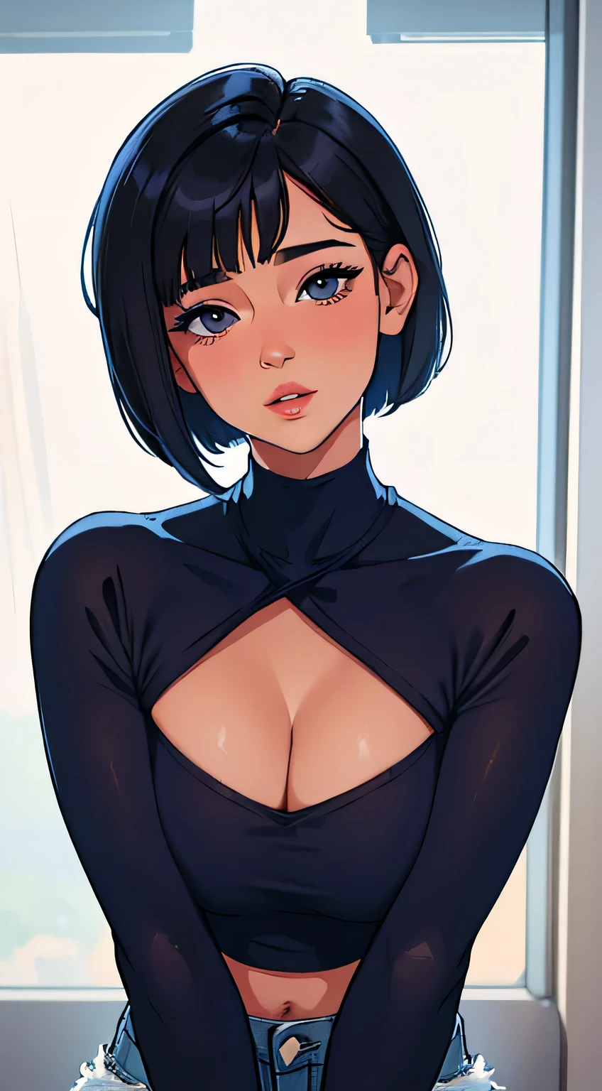 Amazing portrait of a sexy woman with her short hair in a bob style with her soft gentle eyes gazing at us seductively with her perfect lips parted wearing a tight white full sleeved crop top showcasing her medium chest and denim shorts showing her voluptuous body