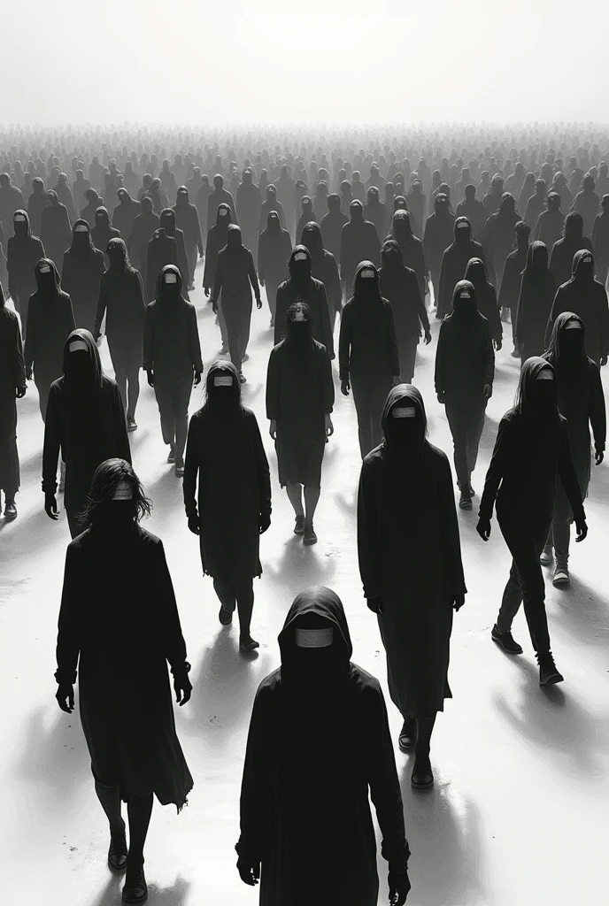 A black and white image and a blindfolded crowd, walking in different directions without a fixed course