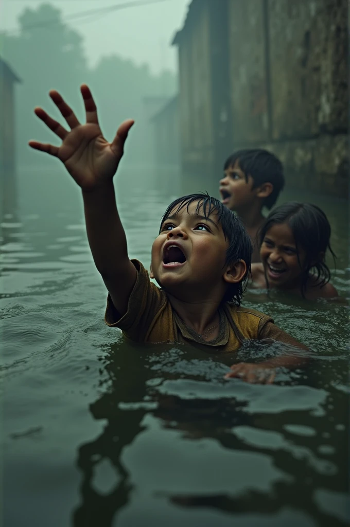 Ek photo generate kar do. Jisme bachche paani me doobe hue ho aur unme se ek bachcha jo ki thode bde size me rahega, apne haath bahar nikalkar help maang rhe ho. Thumbnail dekhne me dil dahlaane wala lge. Bachche dekhne me garib lagne chahiye.