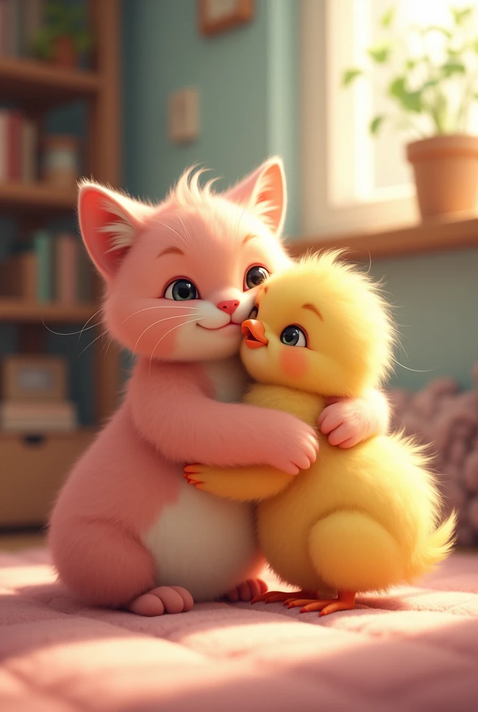 Colored chick hugging a pink cat