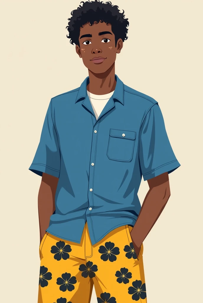 A 20-year-old young man with a blue Nick shirt along with yellow shorts with black flowers, a normal face with a chubby nose and curly hair with few pimples, with medium-dark skin, a little older with a normal, not very defined physique.
