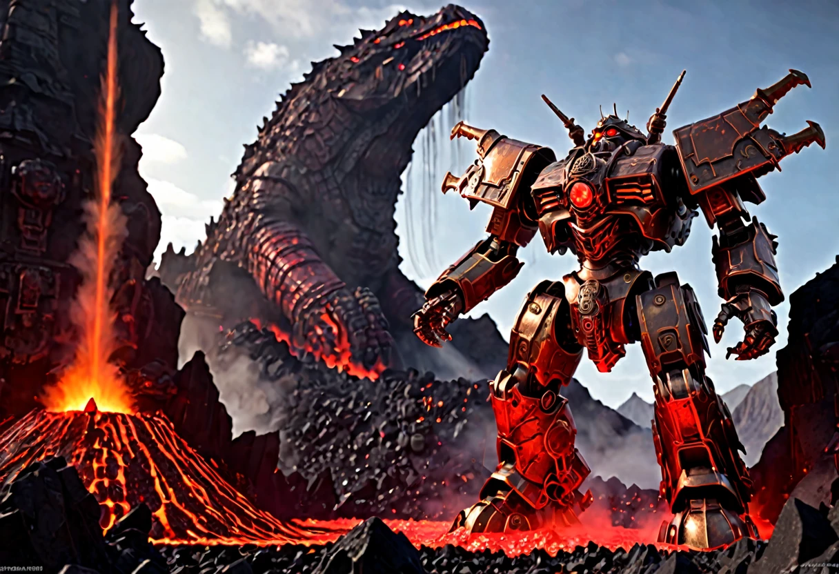 a giant death robot, a lava spewing demon engine from warhammer 40k, red paint, bronze metal, lava cannons, scorpion theming, bronze buddha statue head, volcano setting, intricate machinery, glowing lava, photorealistic, highly detailed, 8k, masterpiece, cinematic lighting, concept art style
