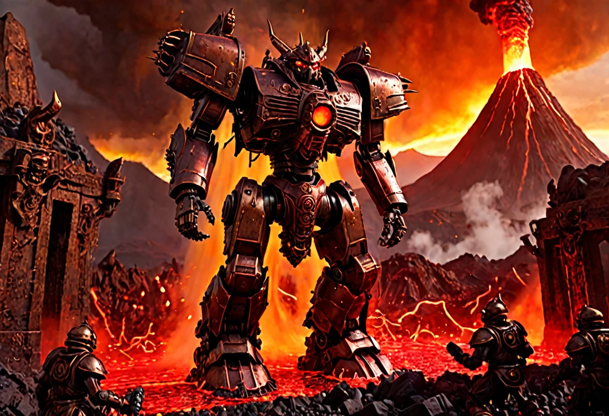 a giant death robot, a lava spewing demon engine from warhammer 40k, red paint, bronze metal, lava cannons, scorpion theming, bronze buddha statue head, volcano setting, intricate machinery, glowing lava, photorealistic, highly detailed, 8k, masterpiece, cinematic lighting, concept art style
