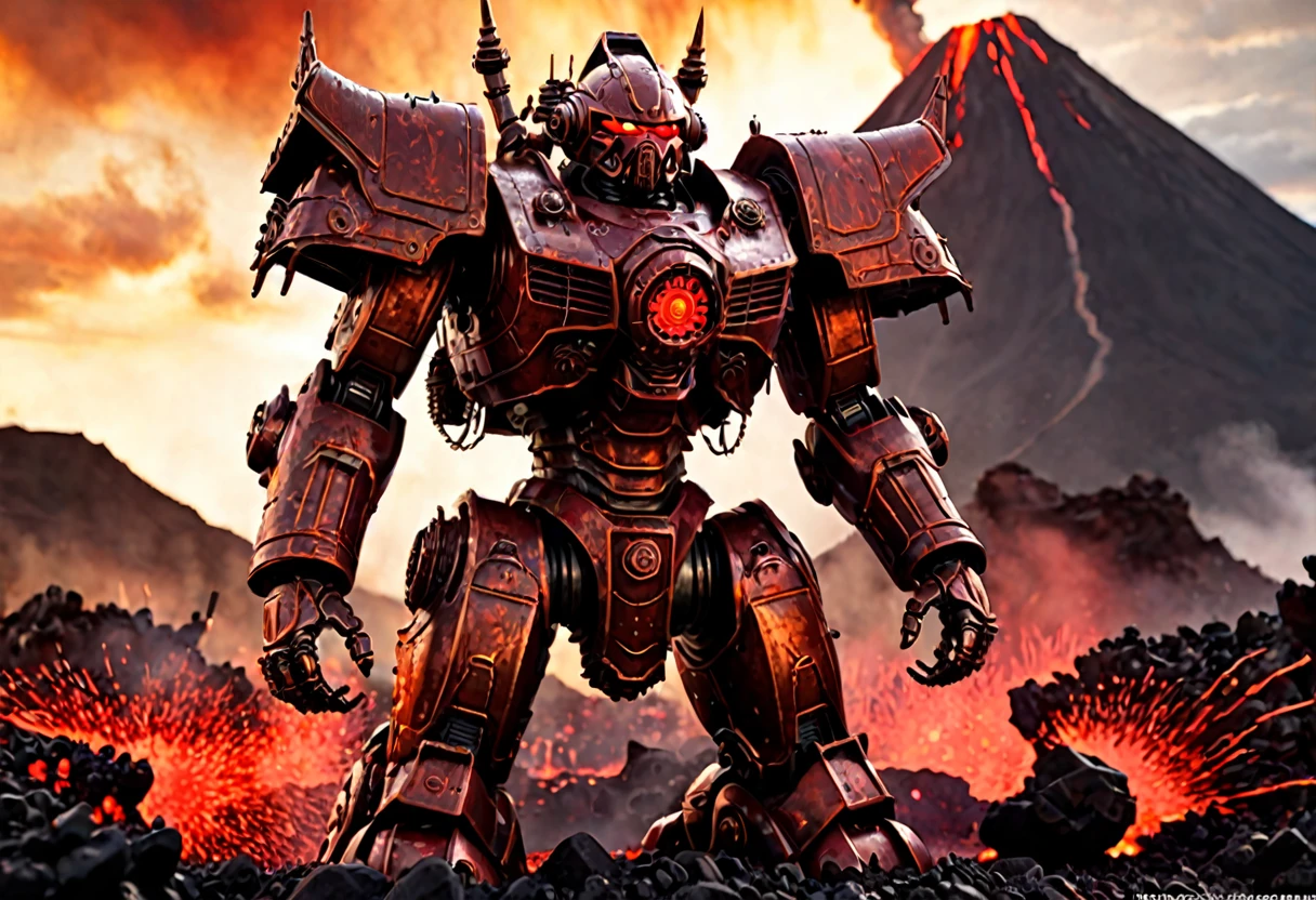 a giant death robot, a lava spewing demon engine from warhammer 40k, red paint, bronze metal, lava cannons, scorpion theming, bronze buddha statue head, volcano setting, intricate machinery, glowing lava, photorealistic, highly detailed, 8k, masterpiece, cinematic lighting, concept art style
