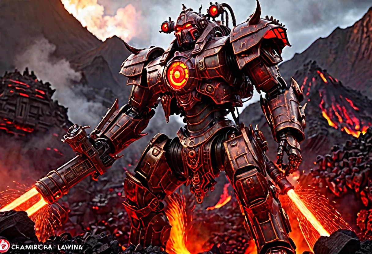 a giant death robot, a lava spewing demon engine from warhammer 40k, red paint, bronze metal, lava cannons, scorpion theming, bronze buddha statue head, volcano setting, intricate machinery, glowing lava, photorealistic, highly detailed, 8k, masterpiece, cinematic lighting, concept art style
