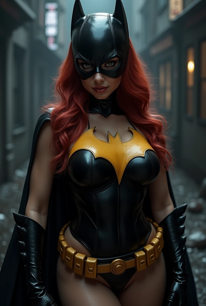 Generate a super sexy, gorgeous Batgirl with big bo4bs complete body
