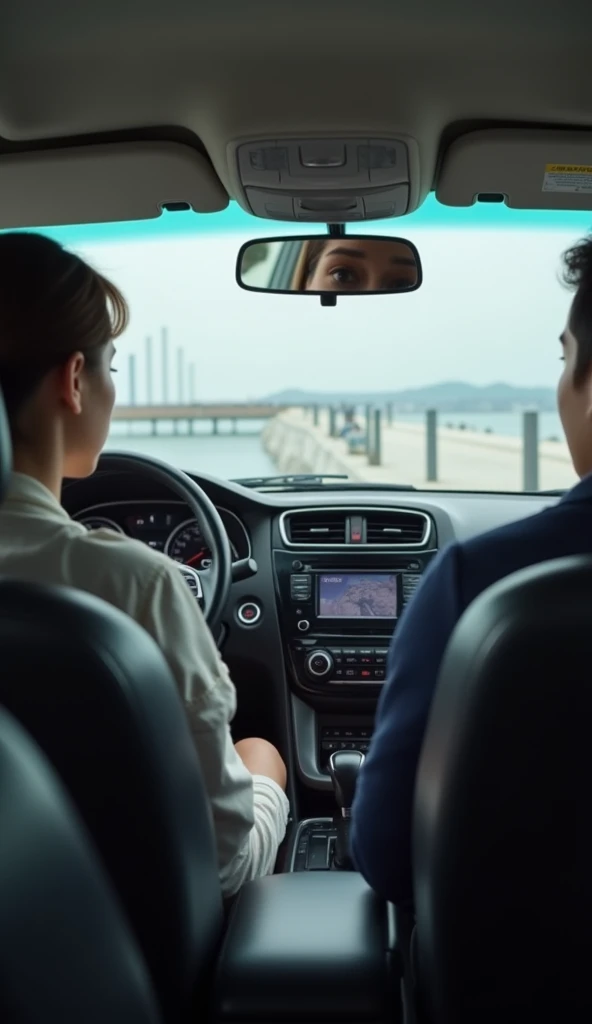 Inside a Korean taxi, a young female traveler is sitting in the back seat, talking to the male driver in the front seat. The woman looks anxious as she speaks to the driver. Outside the taxi window, the scenery of Haeundae is visible