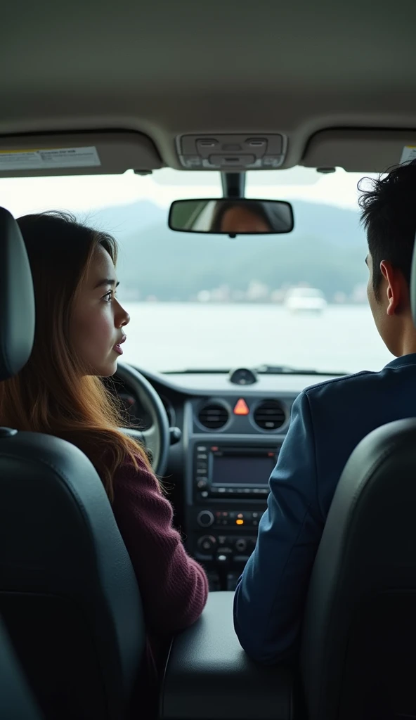 Inside a Korean taxi, a young female traveler is sitting in the back seat, talking to the male driver in the front seat. The woman looks anxious as she speaks to the driver. Outside the taxi window, the scenery of Haeundae is visible