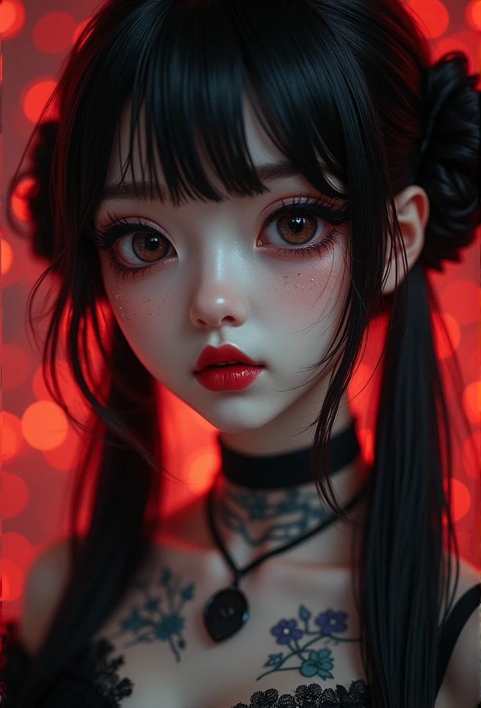 Masterpiece, Best quality, gif,1 girl, Solo, Natural skin texture, Realistic black eyes and facial details :5),(Dark :1. 4), Deep shadows, Extremely detailed beauty, Detailed eyes and face, sharp black eyes, Red lipstick, No black eyeliner, Detailed Gothic costumes, pony tails, Black hair, nikon d850 film, Surreal, Authentic textures, Dramatic, lighting, illusory engine, (facial clarity :1). 5), (Transparent clothes :1); 1) Gothic style, Black lace, tattoo. Japanese girl with more or less long black hair with bangs and red highlights, e sexy, Lady,Red hair,dress,beautiful,anime,tattoo, face portrait, close up, big beautiful detailed eyes, ulzzang, art nouveau, candy, sweets, tattoo background pattern, tapestry, backlit, neon palette, geisha, 
