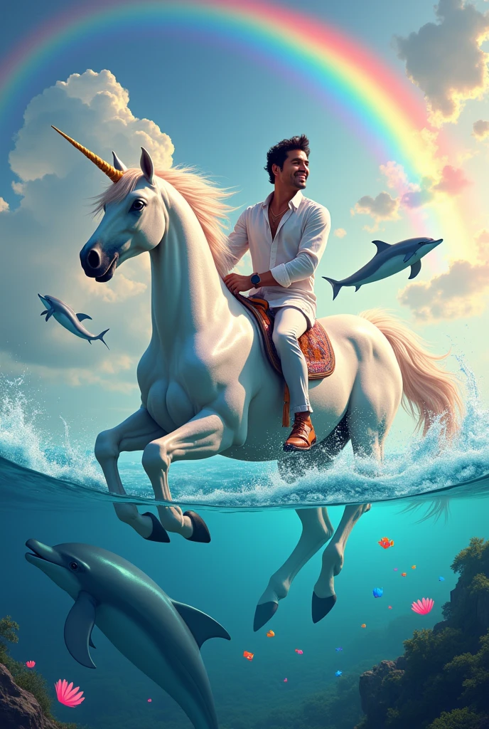 Chayanne on a unicorn with dolphins around him, with rainbow and flying fish