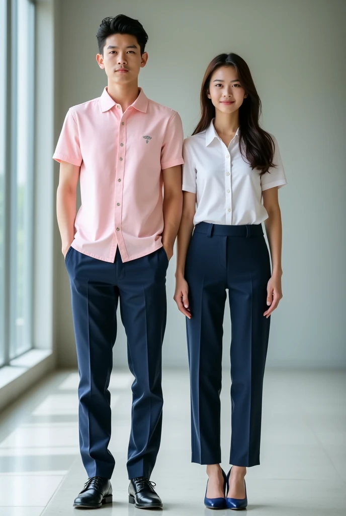 Two education college internship students, one male and one female, dressed in professional-looking school uniforms. The male model is wearing a light pink button-down polo shirt with a subtle sewn design, paired with dark blue trousers and black school shoes. The female model is dressed in a form-fitting uniform top with a sewn design, tucked into dark blue trousers, and complemented by high heels. Both models have a polished and professional appearance, embodying the look of aspiring teachers ready for their internship.