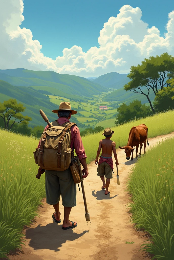Recreate the following stanza in a realistic and contextualized way in Latin American country life:
A farmer brings his work tools and backpack along a path:
Another peasant brings sandals and does not have a hat. He is looking for a cow with her calf to milk next to the corral..