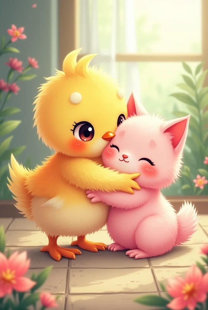 Anime-like image of a colored chick hugging a pink cat
