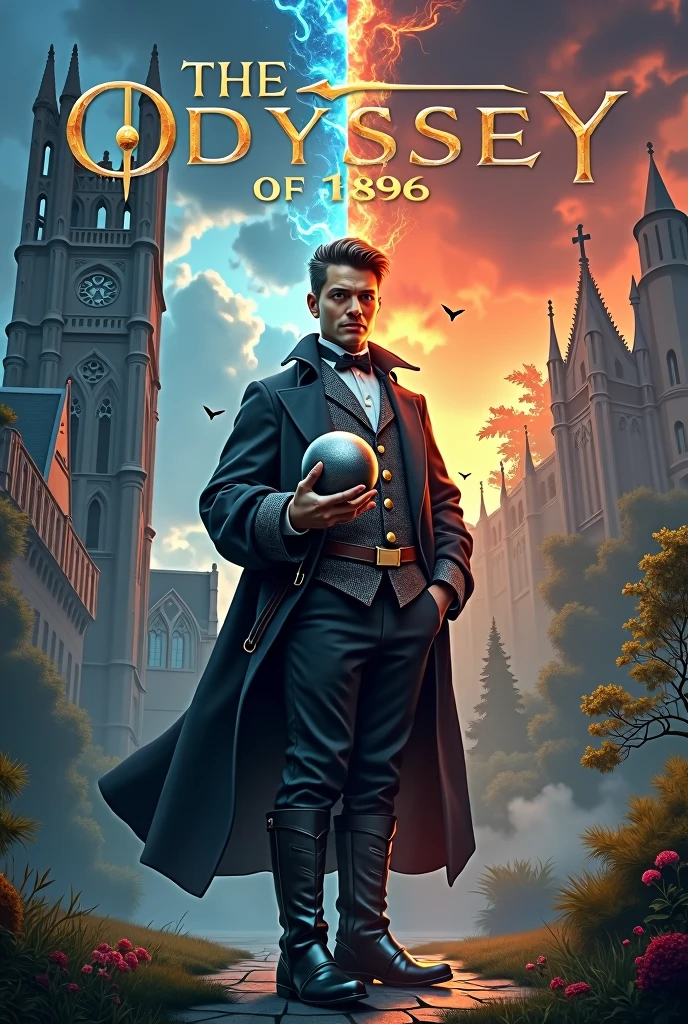 A split scene cover. On the left side, depict late 19th-century Great Britain, with an overcast sky above Cambridge University’s iconic Gothic architecture. A young man, Ethan Rivera, stands prominently in the foreground, dressed in a formal academic suit typical of the era, his expression determined yet contemplative. To his right, the scene transitions into a vibrant, medieval fantasy world, with mystical forests and towering, magical ruins under a sky of swirling colors. Ethan is seen again, now clad in a mix of 19th-century attire and medieval armor, holding a metallic spherical object (an Admin Core) that emits a faint, ethereal glow. The background on this side features strange creatures and an ancient wall, symbolizing the barrier between the two worlds. The title, The Odyssey of 1896, is displayed prominently at the top in a stylized, elegant font that combines elements of Victorian and medieval design.