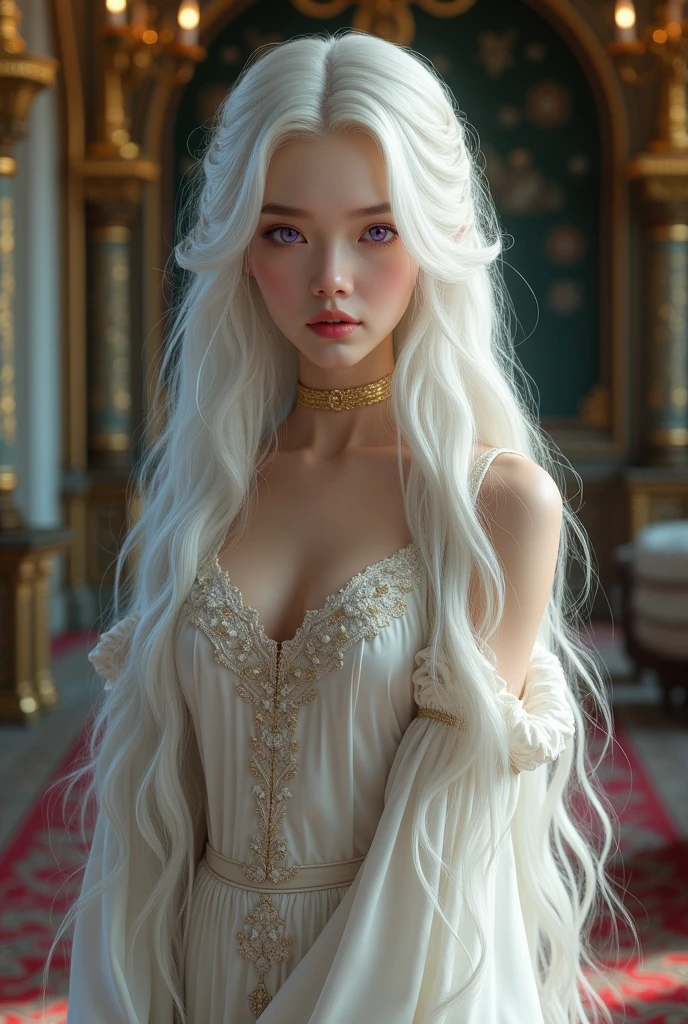 Make a young girl with long white hair, purple eyes, very beautiful and sexy.
she is wearing a medieval dress, in a room of the era 