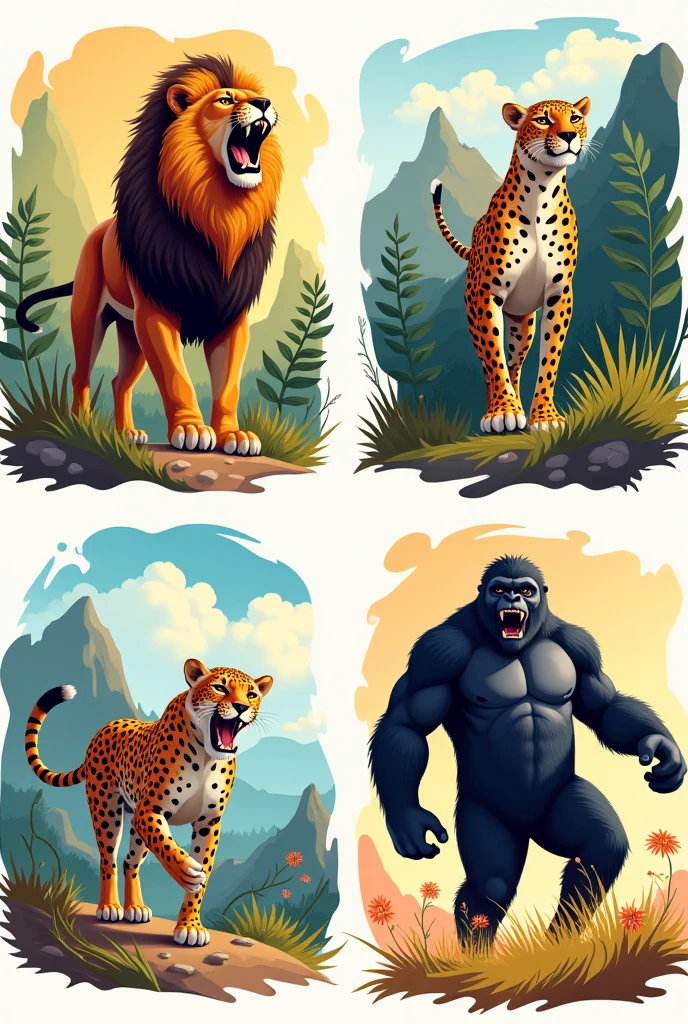 4 cards of wild animals with their characteristics
