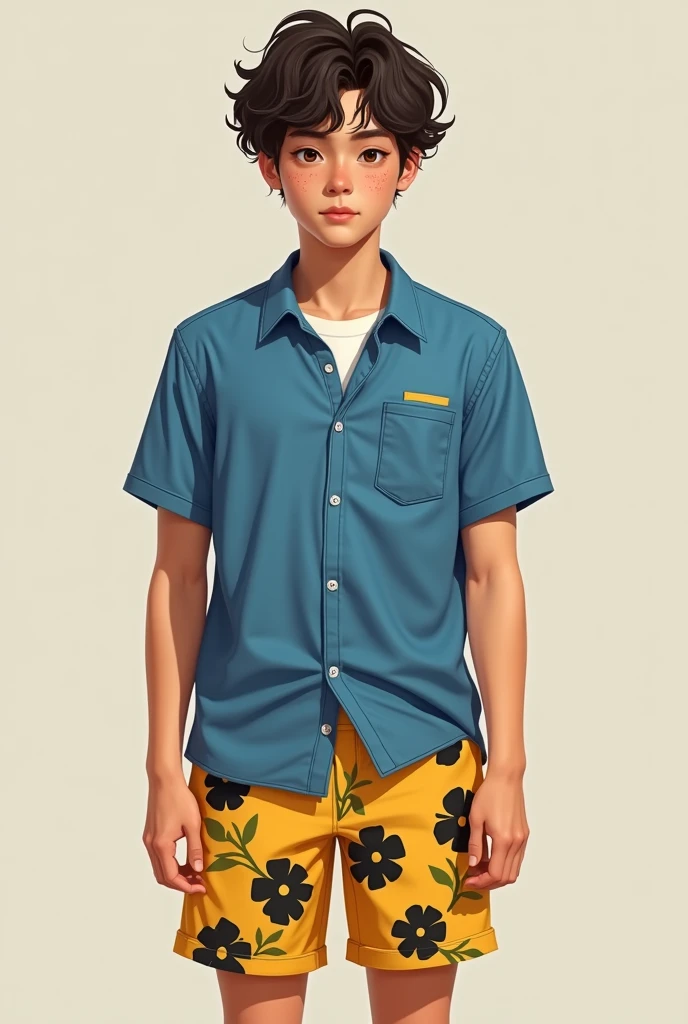 A 20-year-old young man with a blue Nick shirt along with yellow shorts with black flowers, a normal face with a chubby nose and curly hair with few pimples, with light skin, a little older, with a normal, undefined physique.