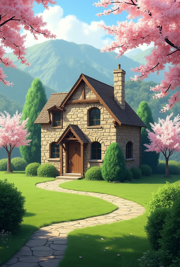 Imagine a charming stone house, nestled in a verdant valley. The lawn, impeccably cared for, extends as far as the eye can see, dotted with cherry blossom trees that paint the landscape with soft pink hues. Carefully pruned shrubs frame the stone path leading to the entrance, creating an irresistible invitation to explore this country gem.
