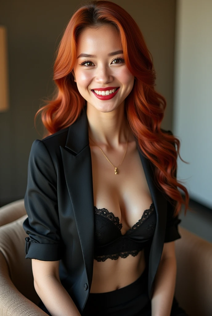 Beautiful 1 malaysian woman, office formal wear, masterpiece, best quality, photorealistic, smile, sexy pose, small breasts, vibrant red hair, beautiful makeup, seductive, slightly plump, silk leggings, cute face, red lipstick, silk bra