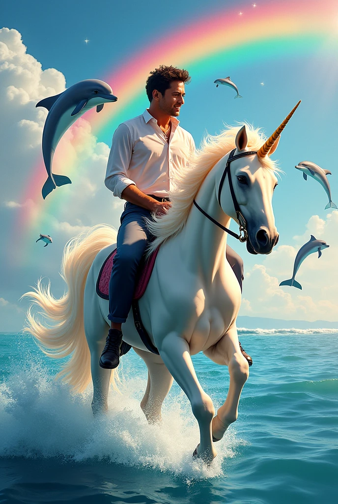 Chayanne on a unicorn with dolphins around him, with rainbow and flying fish, colorful