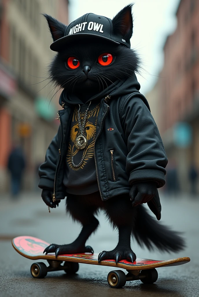 The fusion of a black owl cat with dark circles under his eyes, red and green eyes, hip hop clothing, a skateboard and a cap that says night owl.