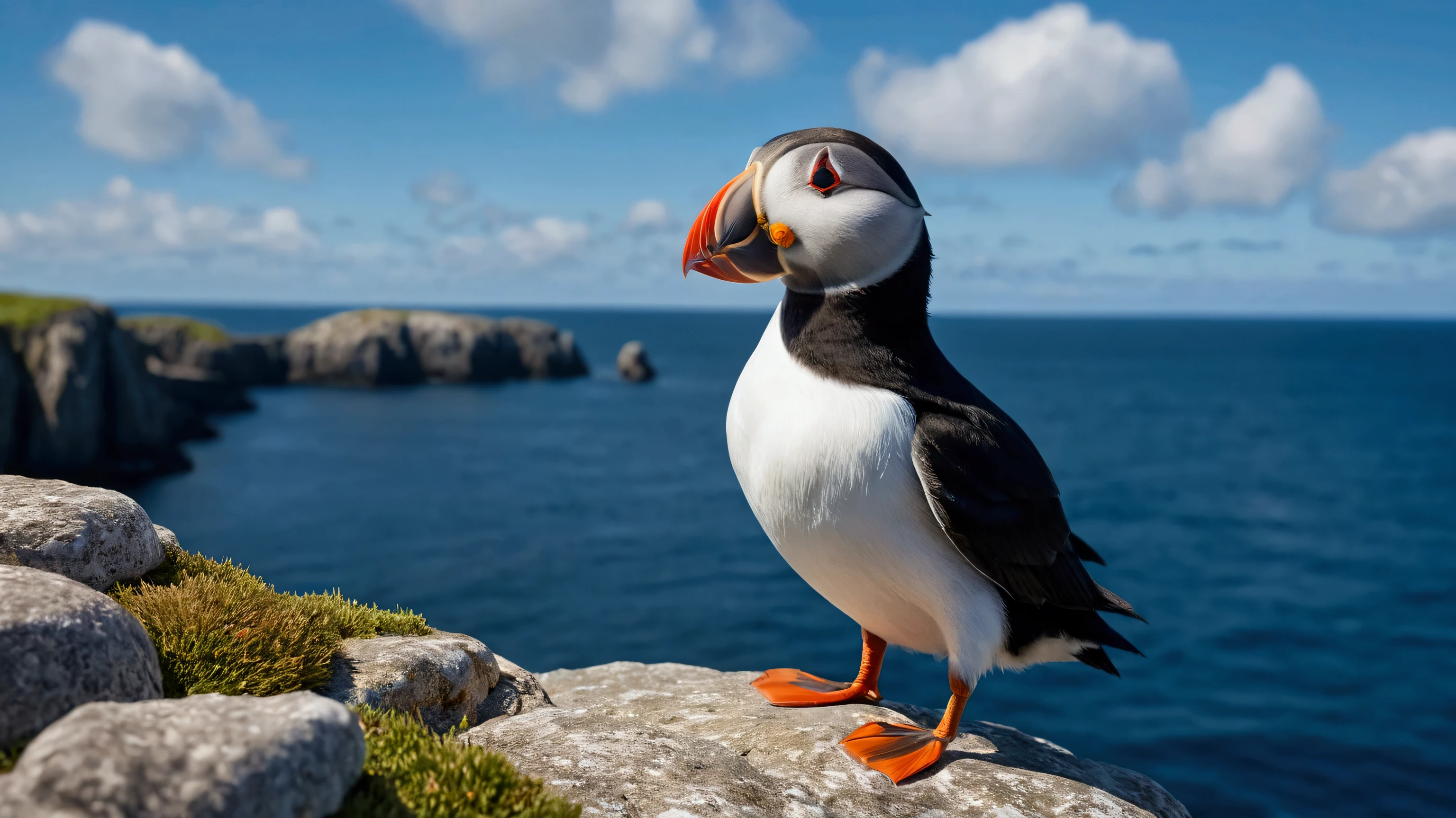 Ultra-high-definition 8K close-up photo of an Atlantic Puffin perched gracefully on a rocky outcrop by the sea. The bird's vibrant plumage contrasts beautifully with the backdrop of the deep blue ocean and a sky filled with white clouds.
