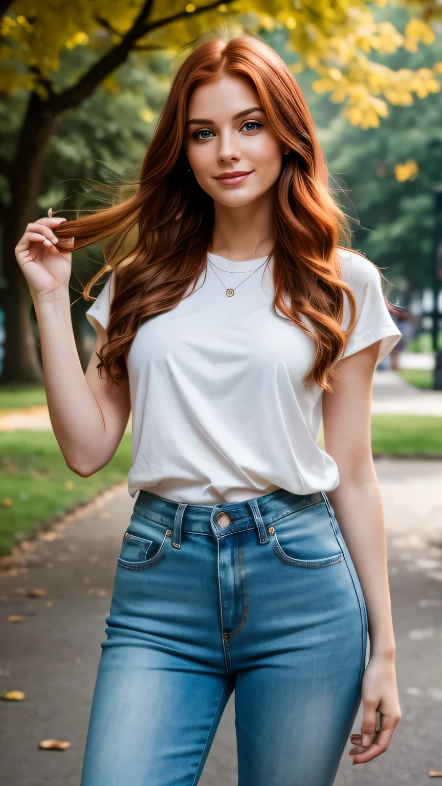 Realistic full body photo of a smiling, Young red-haired girl with long hair, She dances in front of the camera in a green cotton T-shirt and tight white jeans, Park,glamour fotoshooting, Park, perfect anatomy, perfect green eyes. Perfect hands with 5 fingers on each hand, Matching girl, looking at the camera, 1 Frau. (Eye make up:1.1), (highly detailed skin:1.1), spirit, analog style, keen focus, 8K  UHD, dslr, good quality, Fujifilm XT3, Grain, Award-winning, ​masterpiece. Park