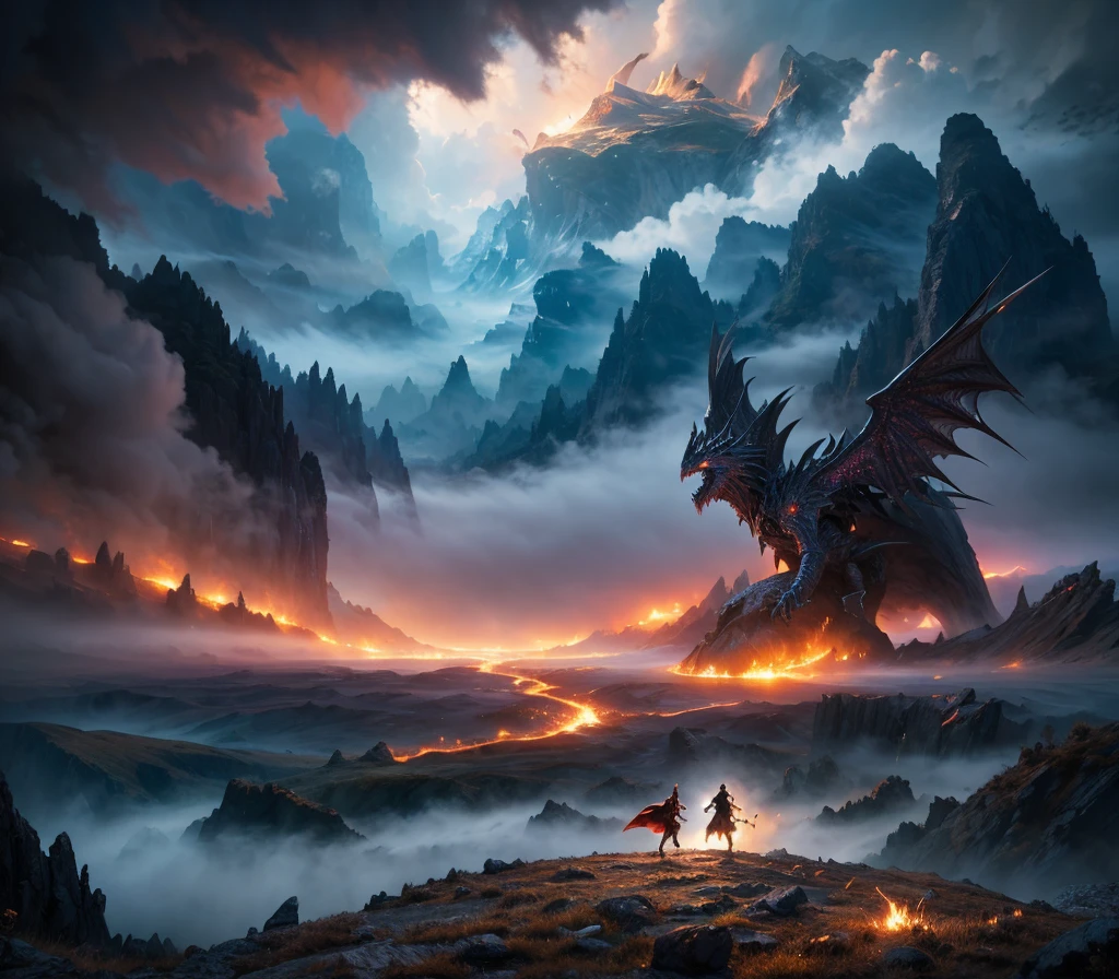 a fierce battle between two powerful wizards, epic fantasy landscape, magical battle, detailed magic effects, dramatic lighting, cinematic composition, turbulent skies, vibrant colors, highly detailed, digital art, concept art, 8k, photorealistic