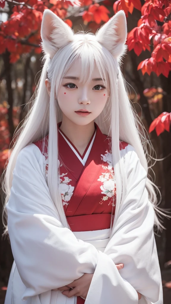 White Demon Fox、Nine-tailed Fox、Japanese women、kimono、Fair skin、Red lines on face、8K、I have long hair