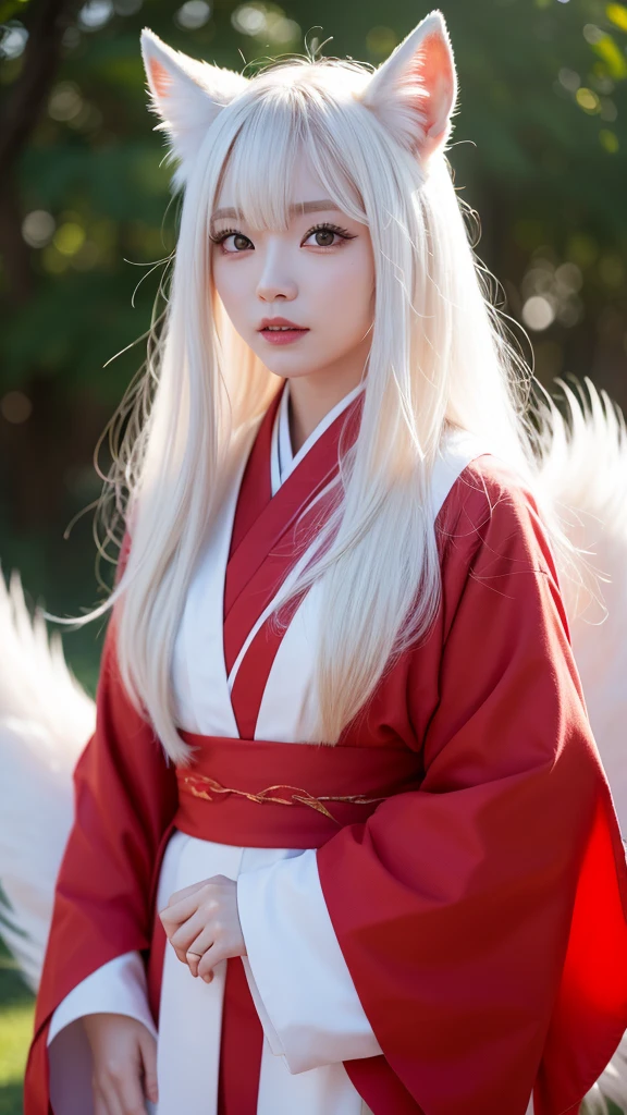 White Demon Fox、Nine-tailed Fox、Japanese women、kimono、Fair skin、Red lines on face、8K、I have long hair