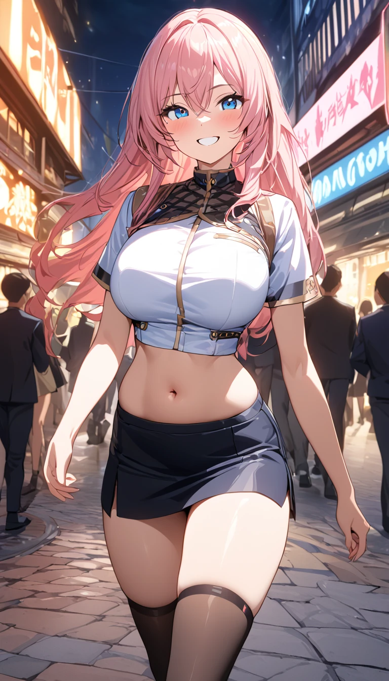 (masterpiece, top quality: 1.2), anime style, Super detail, Great lighting, (1 girl: 1.3), (High resolution:1.2),(​masterpiece、premium:1.2),very detailed eyes,, perfect face, very beautiful female body, beautiful thighs, big chest, good lighting, cowboy shot, Alone, 1 girl, (((happy face))), standing, Dynamic pose, walking around town, Look at the spectators, long pink hair, Luka Megurine (Vocaloid)、blue eyes, short skirt, high thigh socks, cropped blouse, shows the navel, smiling happy, busy street in the background, schoolgirls in the background, schoolgirls walking in background